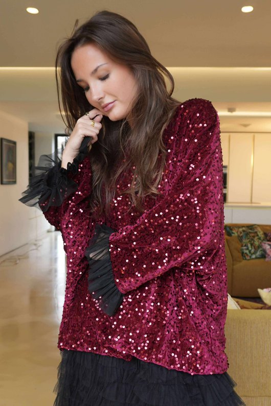 Vivie Velvet Sequin Top Burgundy